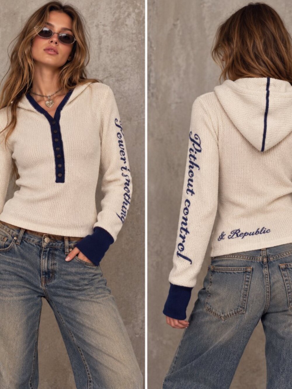 ROCK & REPUBLIC Hooded 100% Cashmere Sweater White Blue Vintage Y2K 2000s